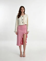 White Feather Trim Jewel Button Cropped Coat