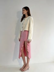 White Feather Trim Jewel Button Cropped Coat