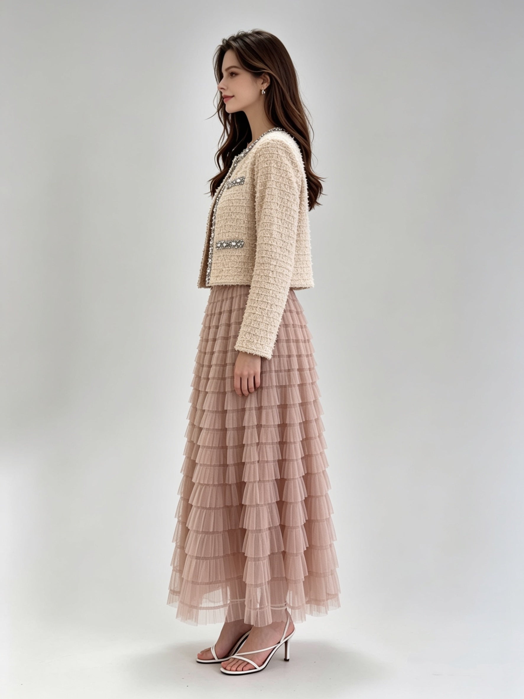 Ivory Crystal Trim Boucle Cropped Coat