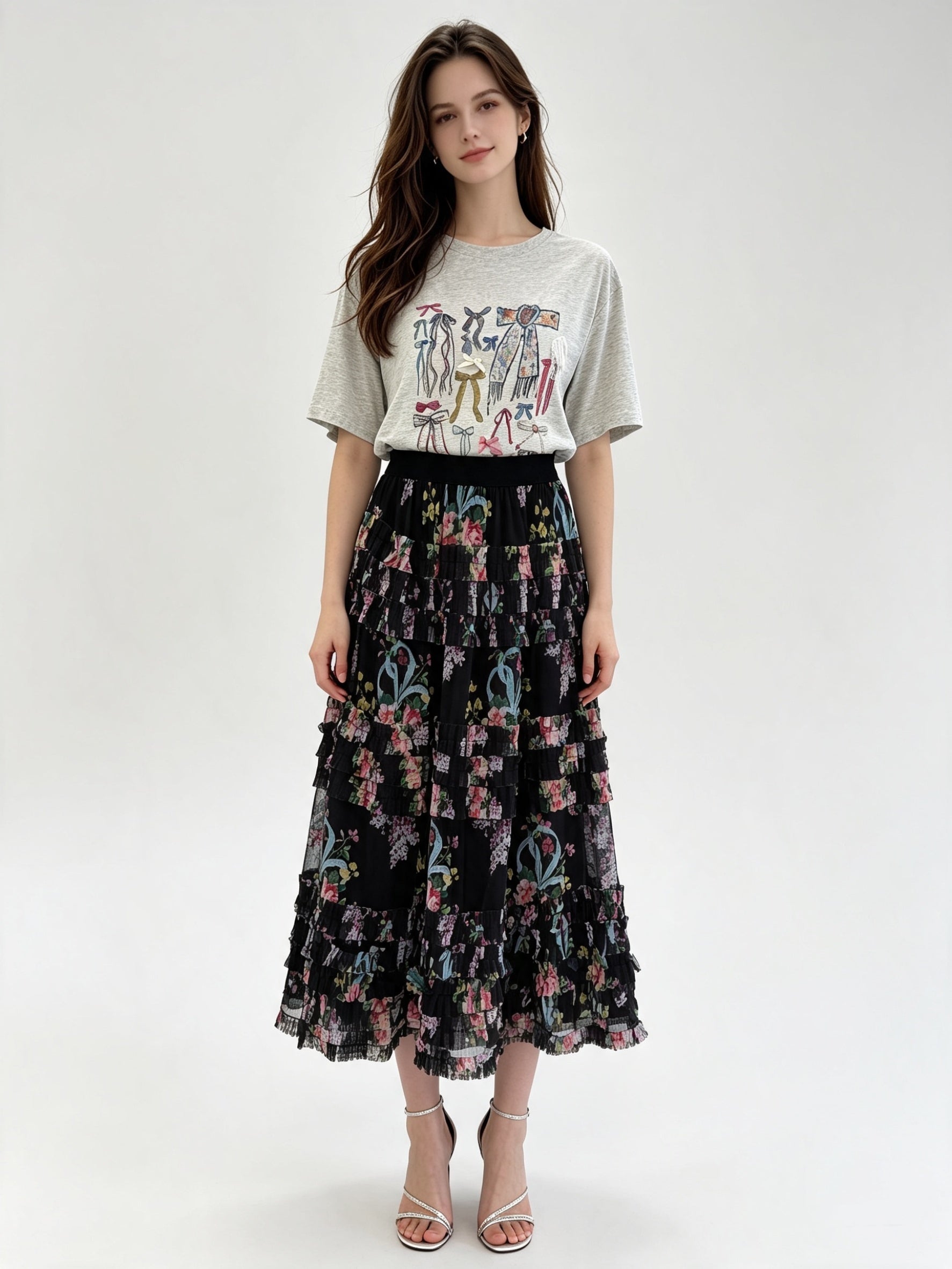 Tiered Ruffle Tulle Midi Skirt