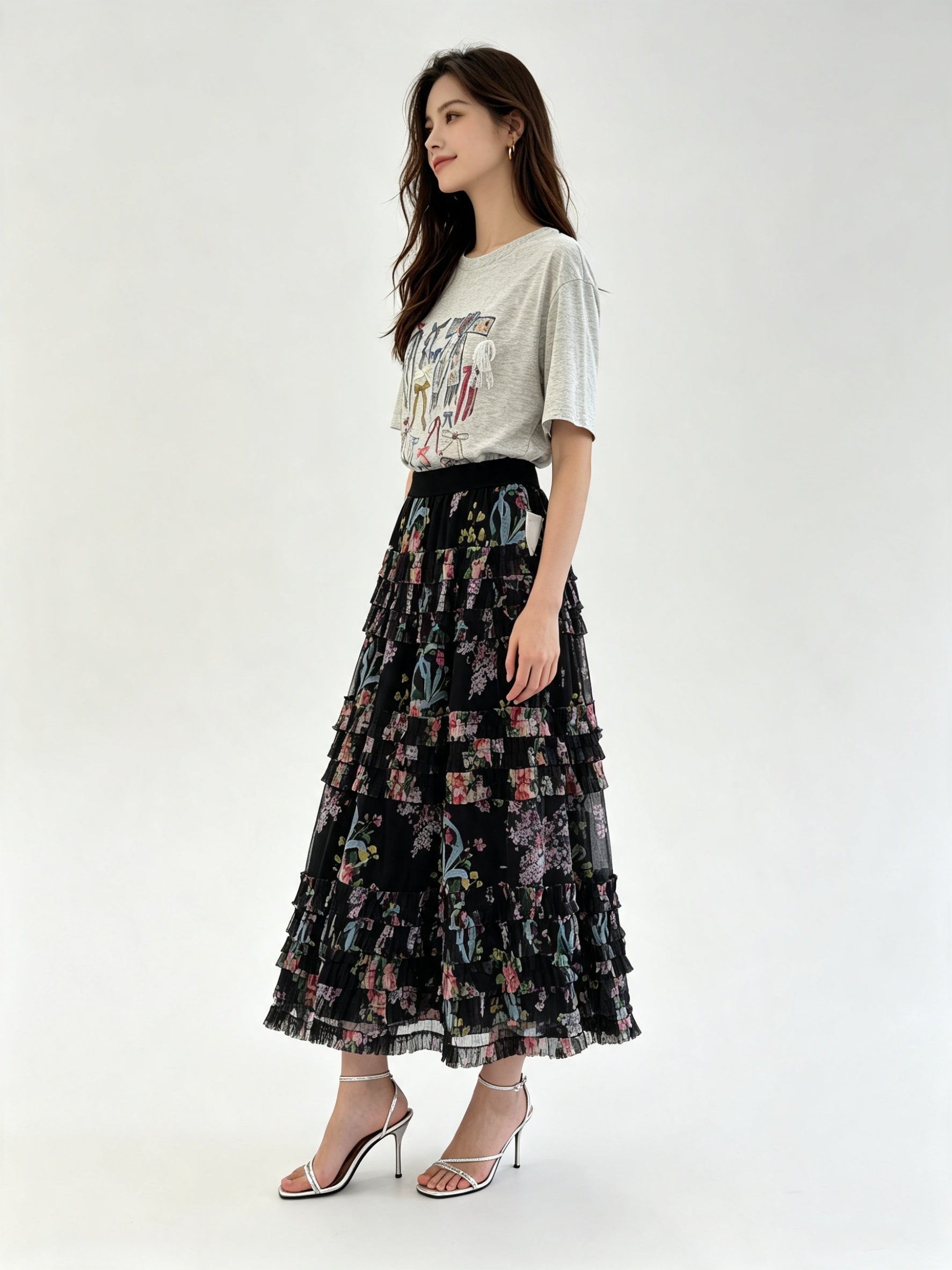 Tiered Ruffle Tulle Midi Skirt