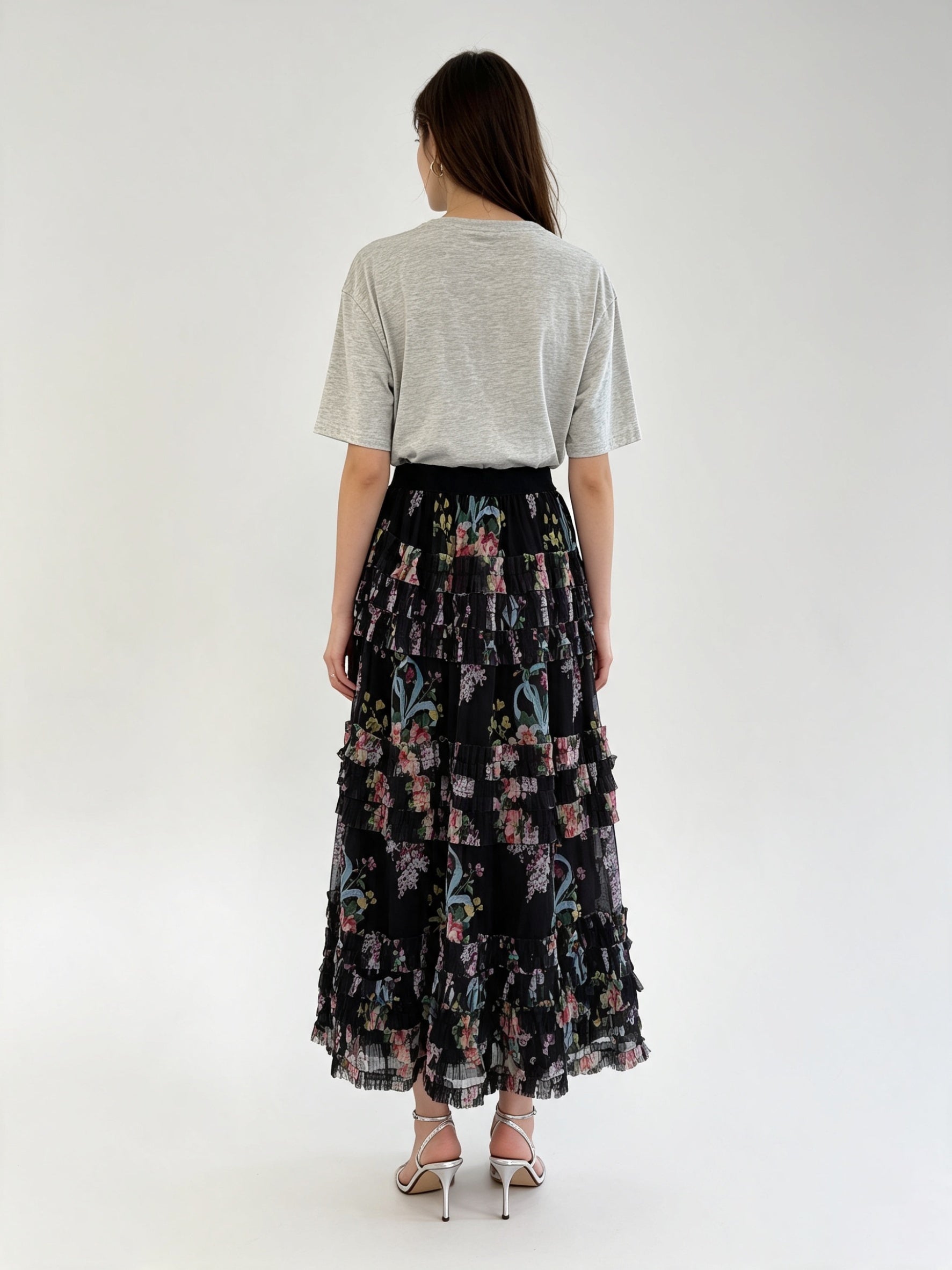 Tiered Ruffle Tulle Midi Skirt