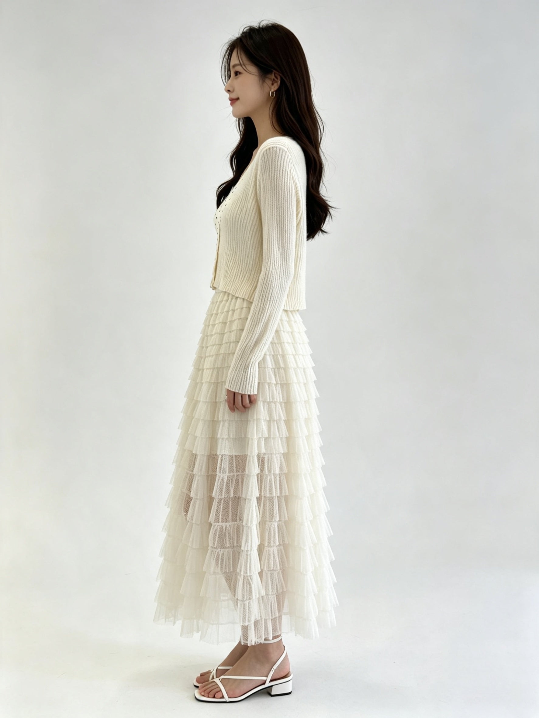 White Ribbed Knit V-Neck Button-Front Cropped Cardigan