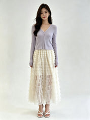 White Ribbed Knit V-Neck Button-Front Cropped Cardigan