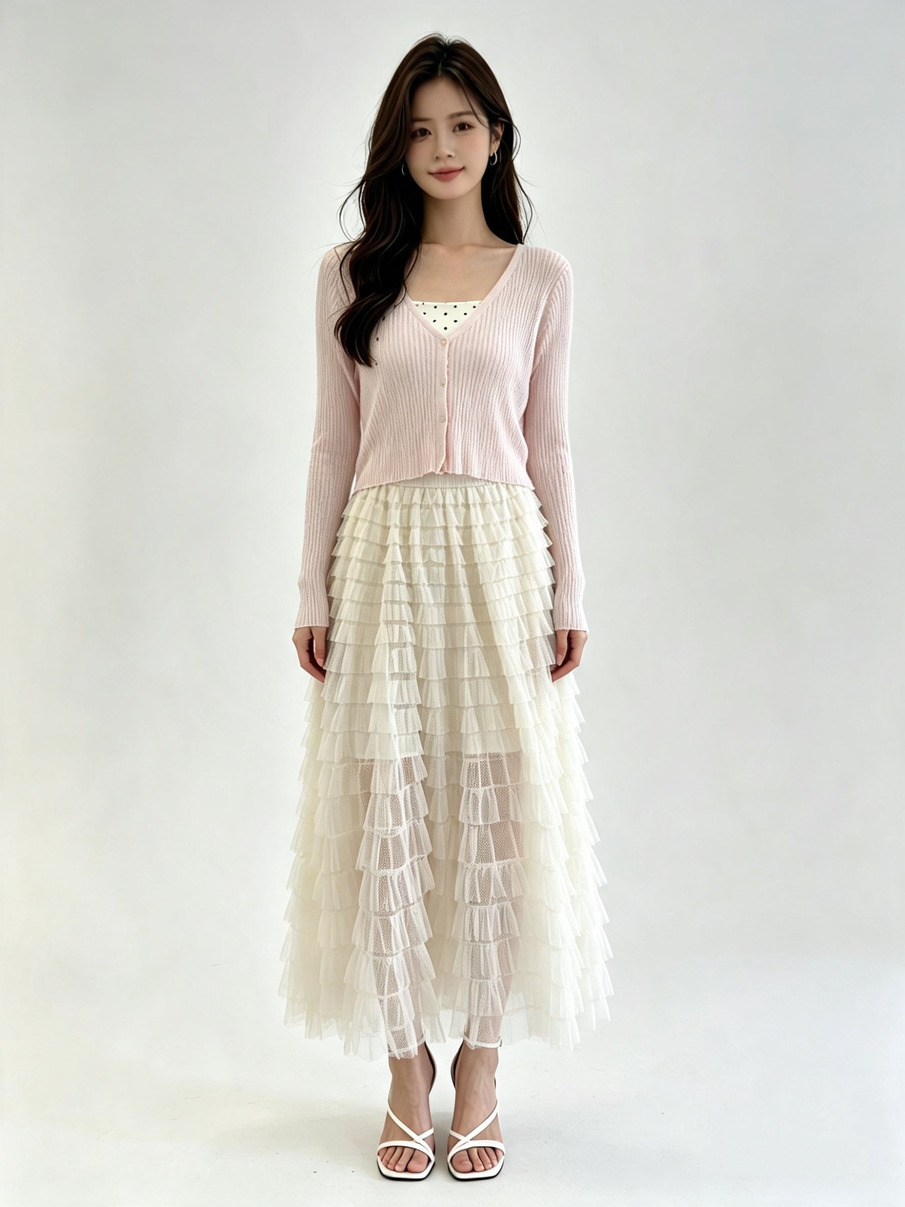 White Ribbed Knit V-Neck Button-Front Cropped Cardigan