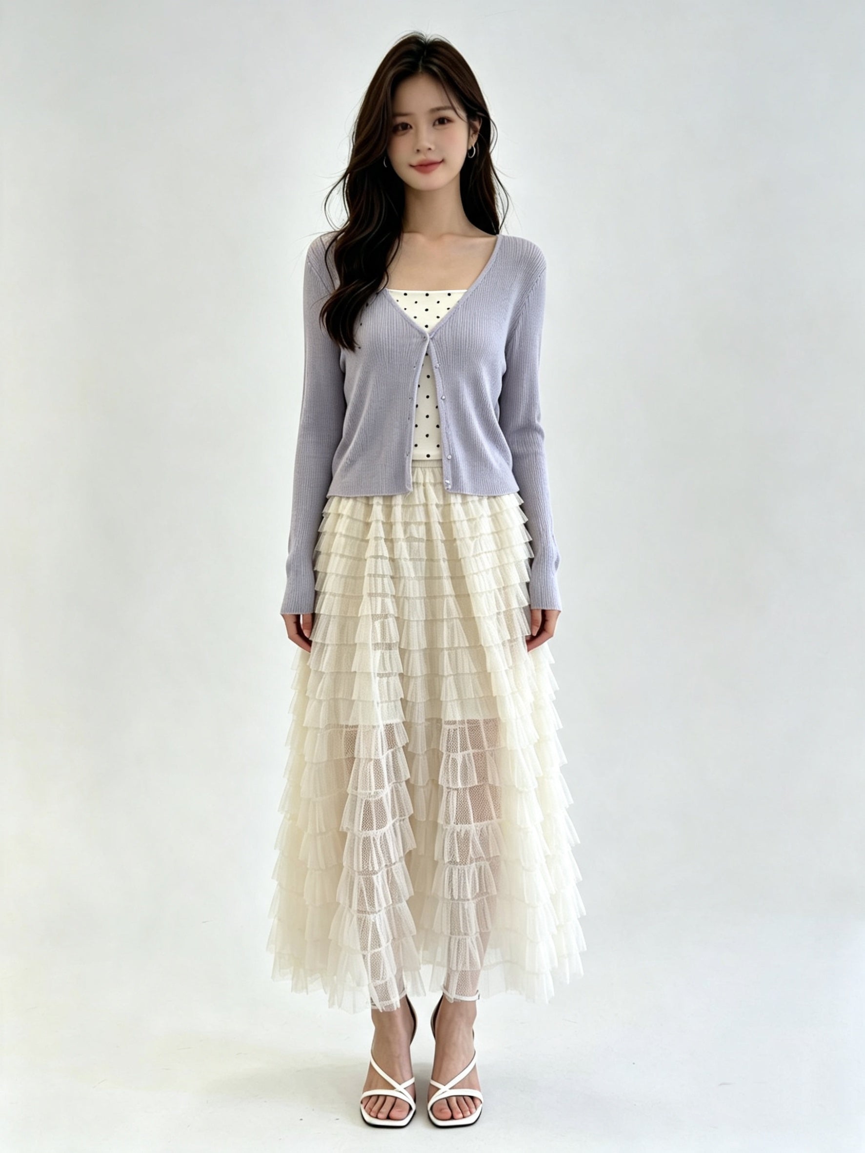 Lavender Sheer Ribbed Knit V-Neck Open-Front Cardigan