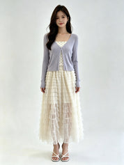 Lavender Sheer Ribbed Knit V-Neck Open-Front Cardigan
