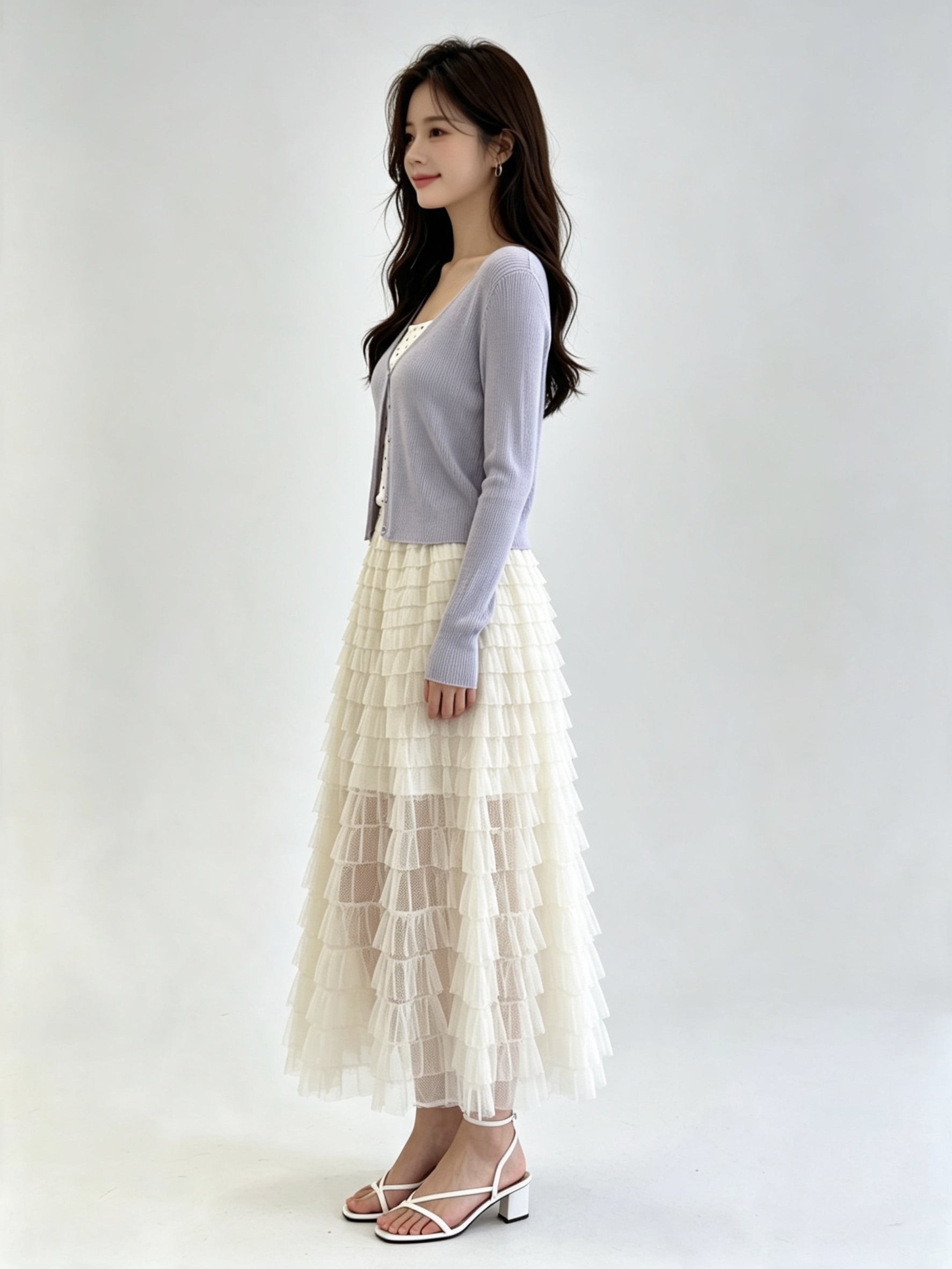 Lavender Sheer Ribbed Knit V-Neck Open-Front Cardigan