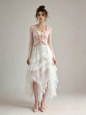 Pink Ribbed Knit Ruffle Trim Tie-Front Cardigan