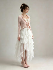 Pink Ribbed Knit Ruffle Trim Tie-Front Cardigan