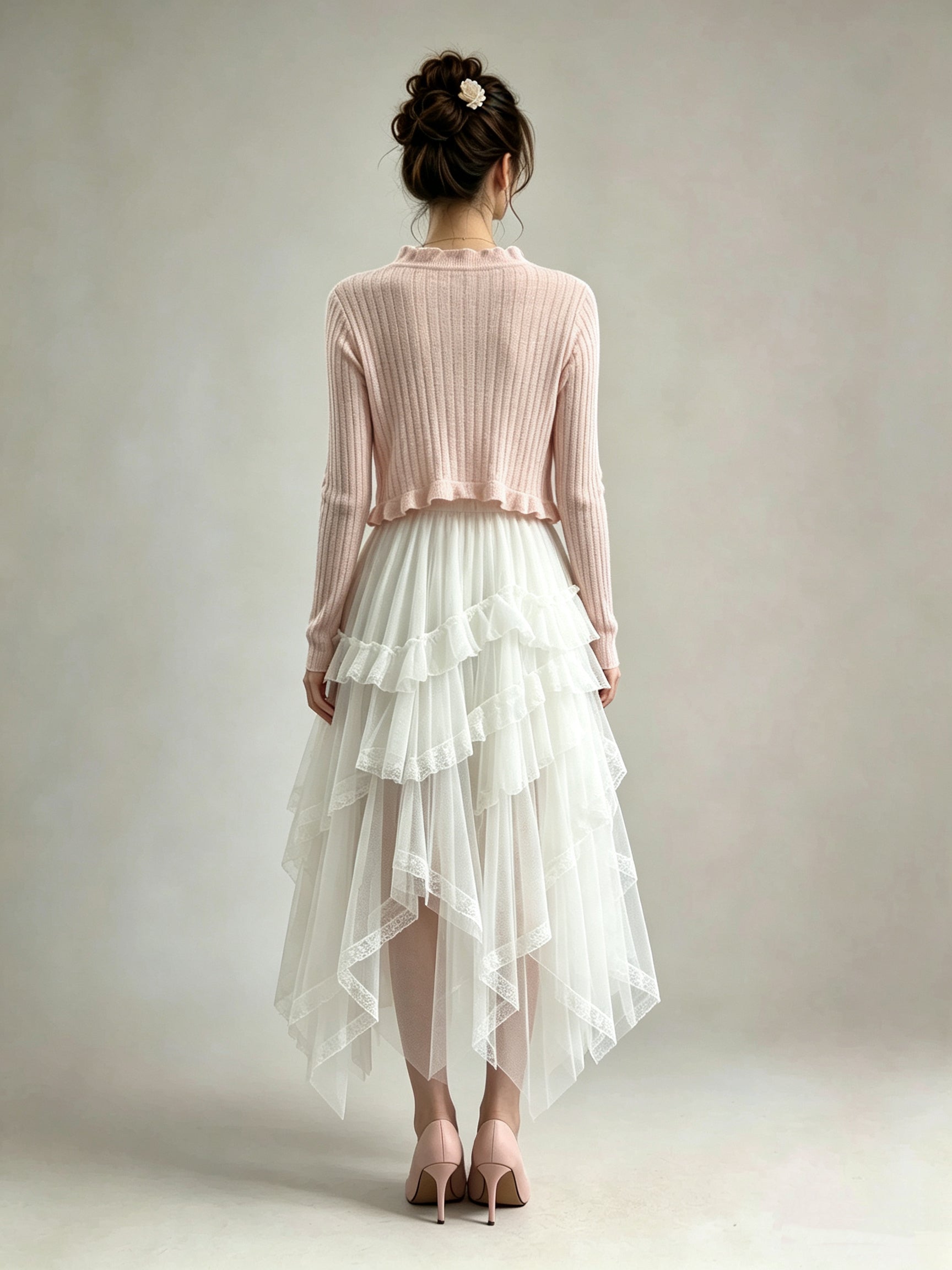 Pink Ribbed Knit Ruffle Trim Tie-Front Cardigan
