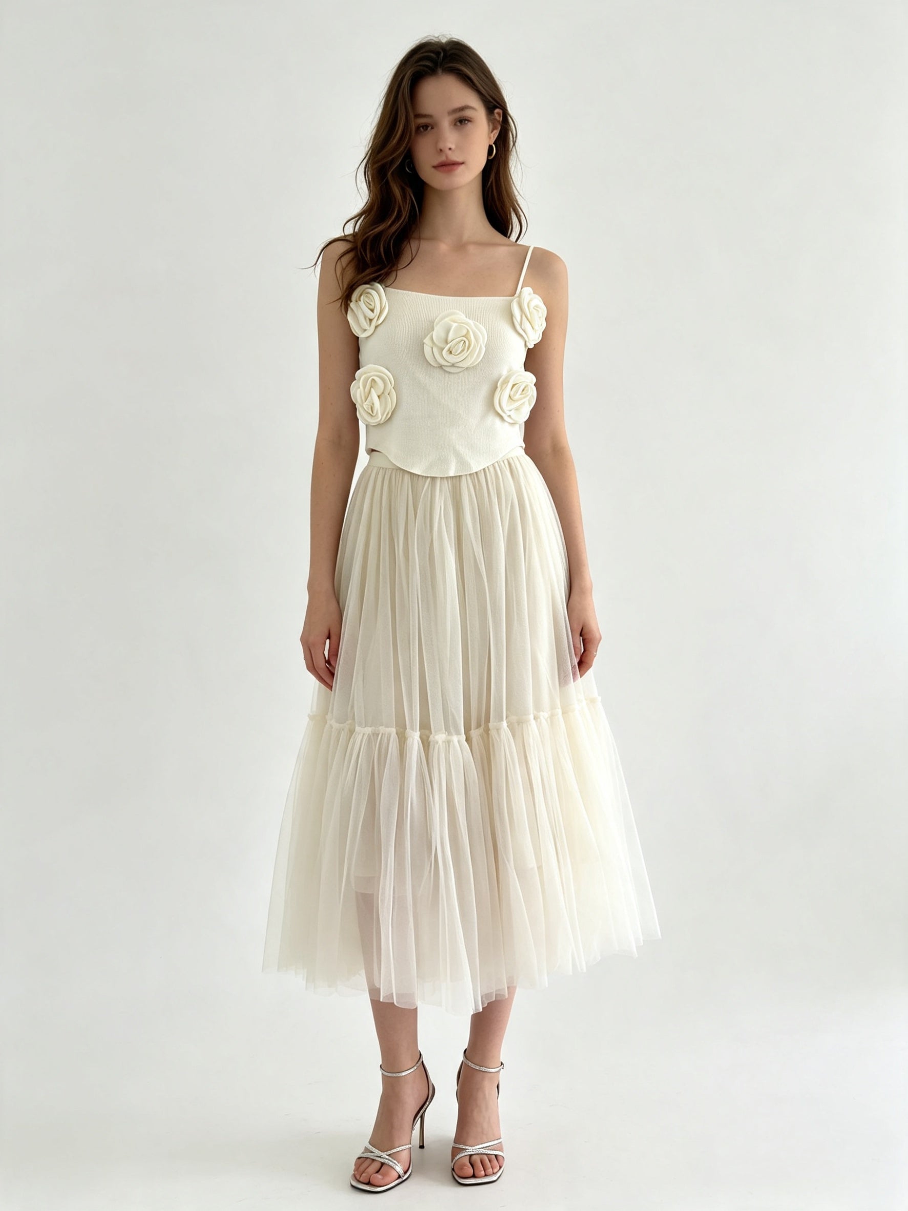 Plain Layered Tulle Midi Skirt with Elasticated Waistband
