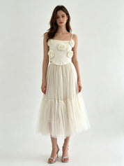 Plain Layered Tulle Midi Skirt with Elasticated Waistband