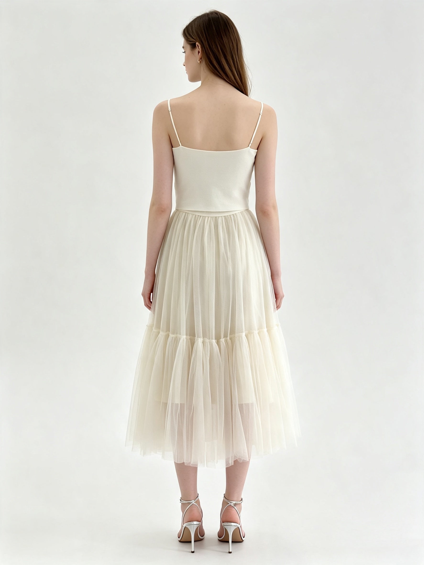 Plain Layered Tulle Midi Skirt with Elasticated Waistband