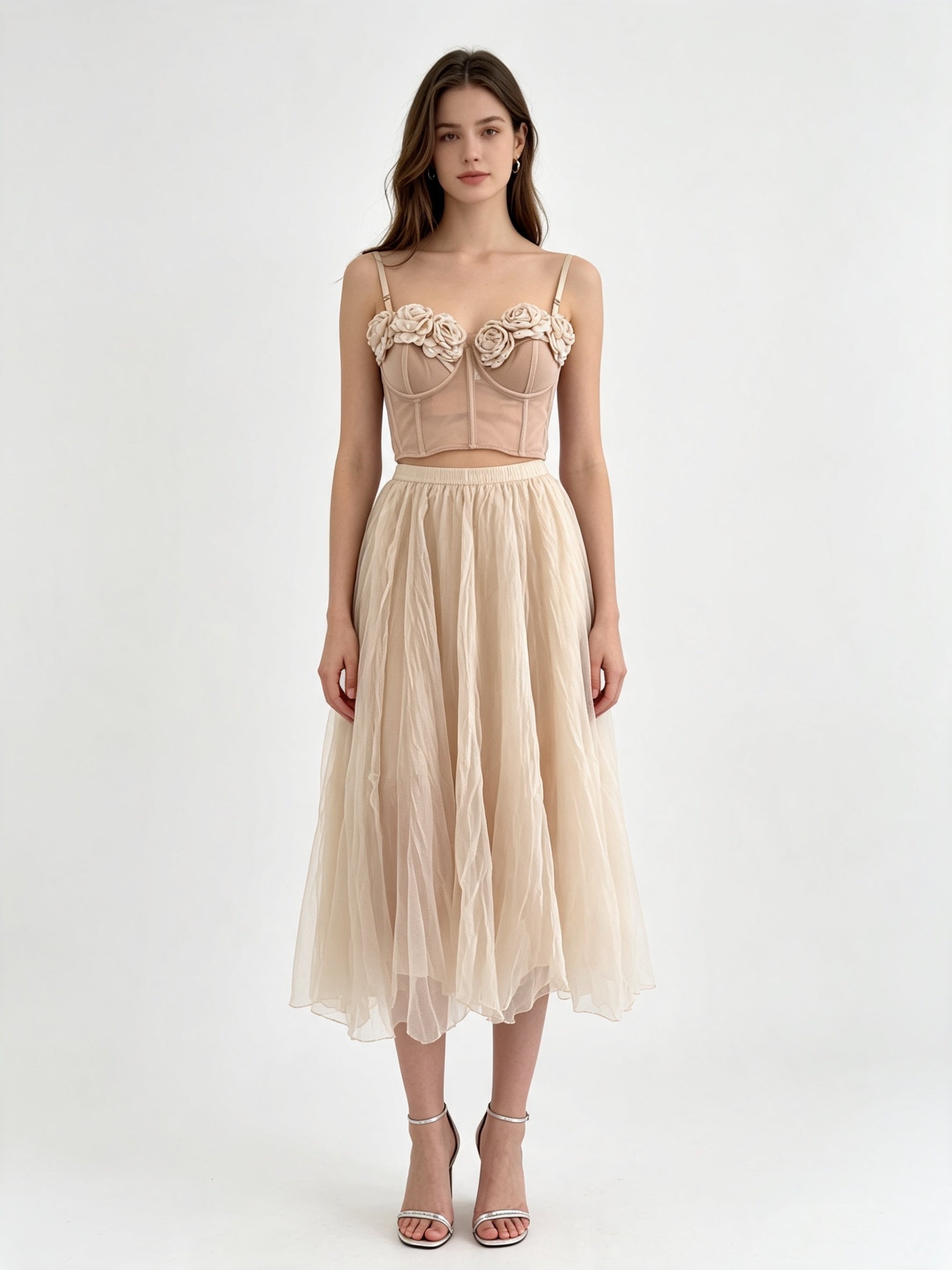 Plain Layered Tulle Midi Skirt with Elasticated Waistband