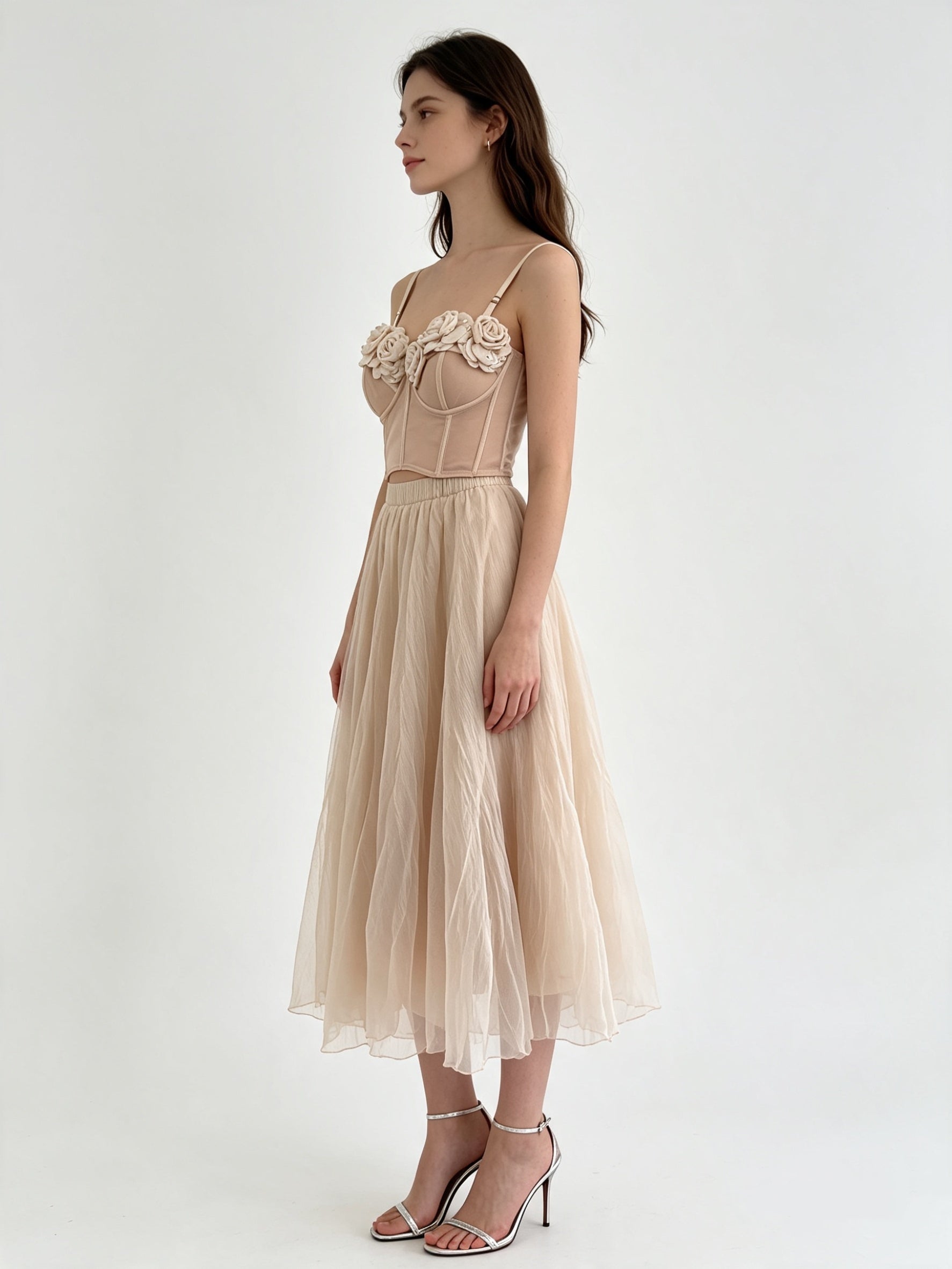 Plain Layered Tulle Midi Skirt with Elasticated Waistband