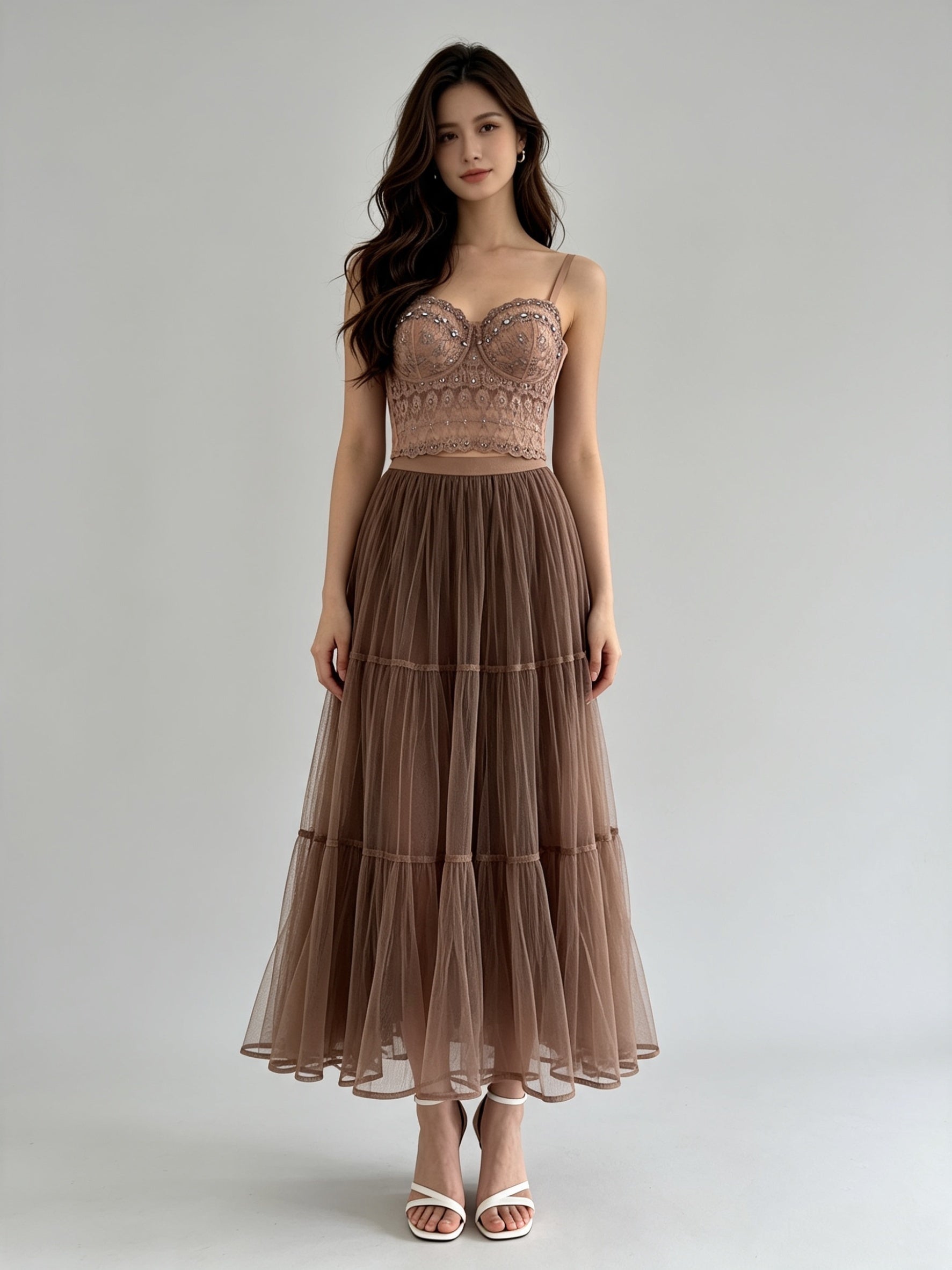 Tiered Layered Tulle Midi Skirt with Elasticated Waistband