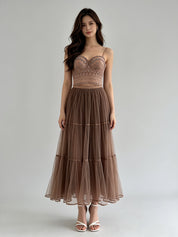 Tiered Layered Tulle Midi Skirt with Elasticated Waistband