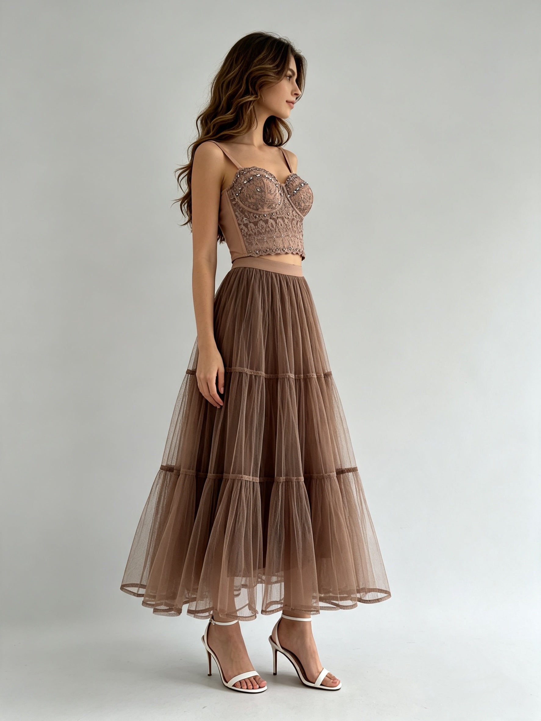 Tiered Layered Tulle Midi Skirt with Elasticated Waistband