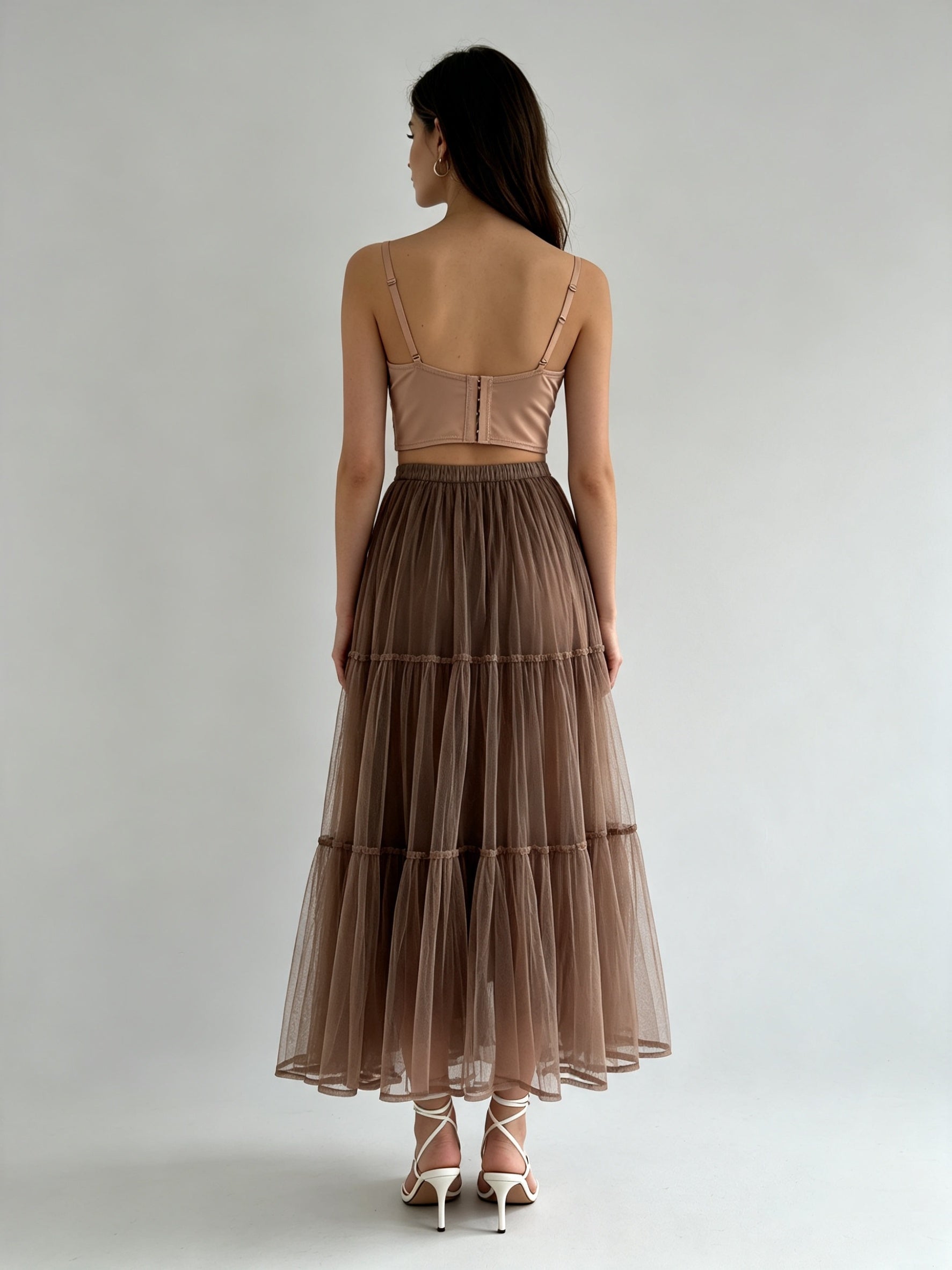 Tiered Layered Tulle Midi Skirt with Elasticated Waistband