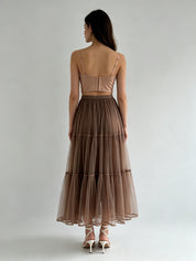 Tiered Layered Tulle Midi Skirt with Elasticated Waistband