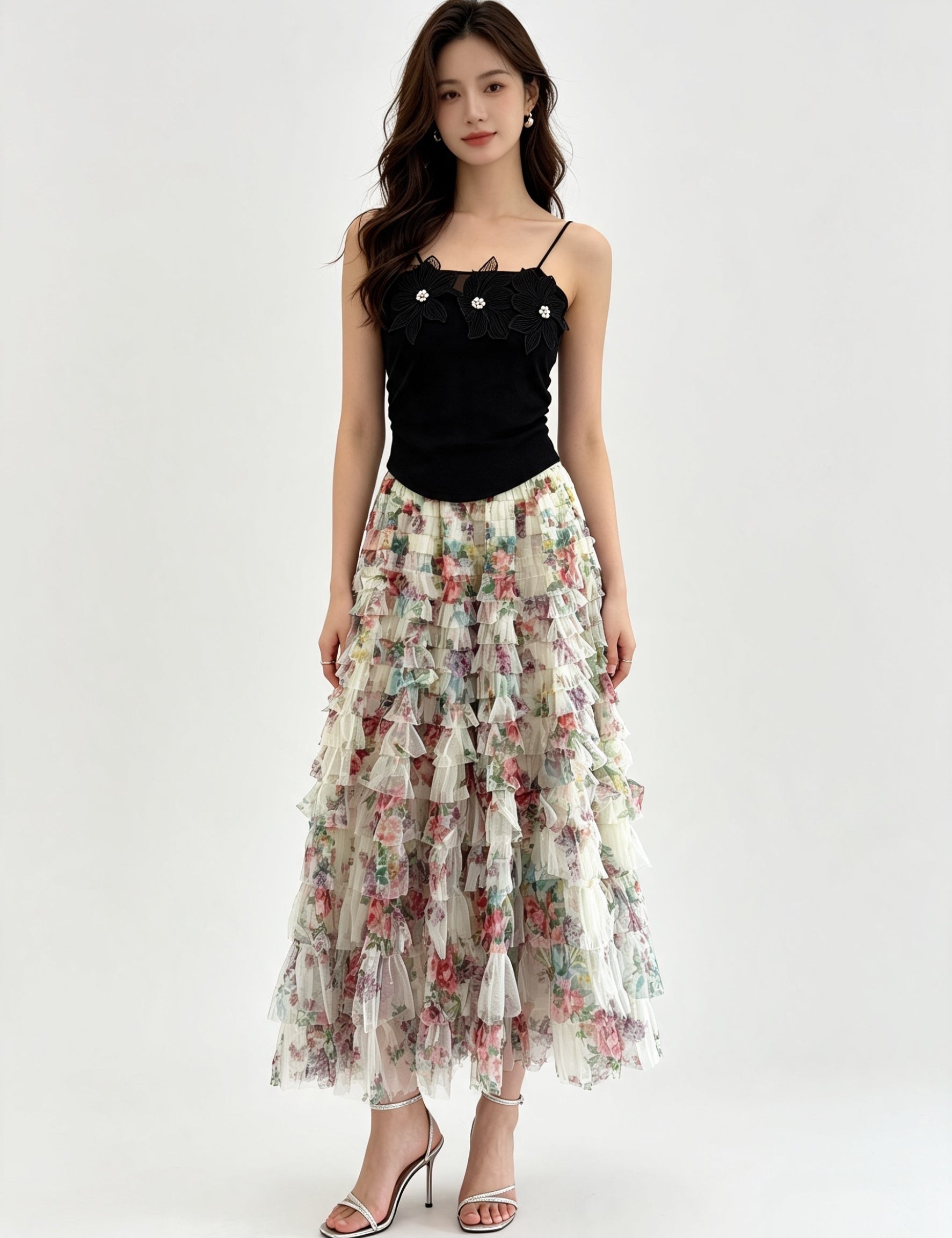 Multi-Colour Layered Tiered Ruffle Tulle Midi Skirt