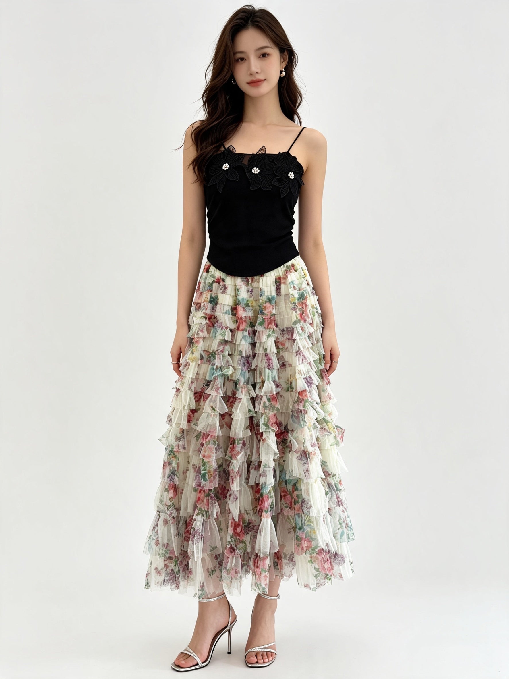 Multi-Colour Layered Tiered Ruffle Tulle Midi Skirt