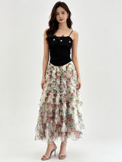 Multi-Colour Layered Tiered Ruffle Tulle Midi Skirt