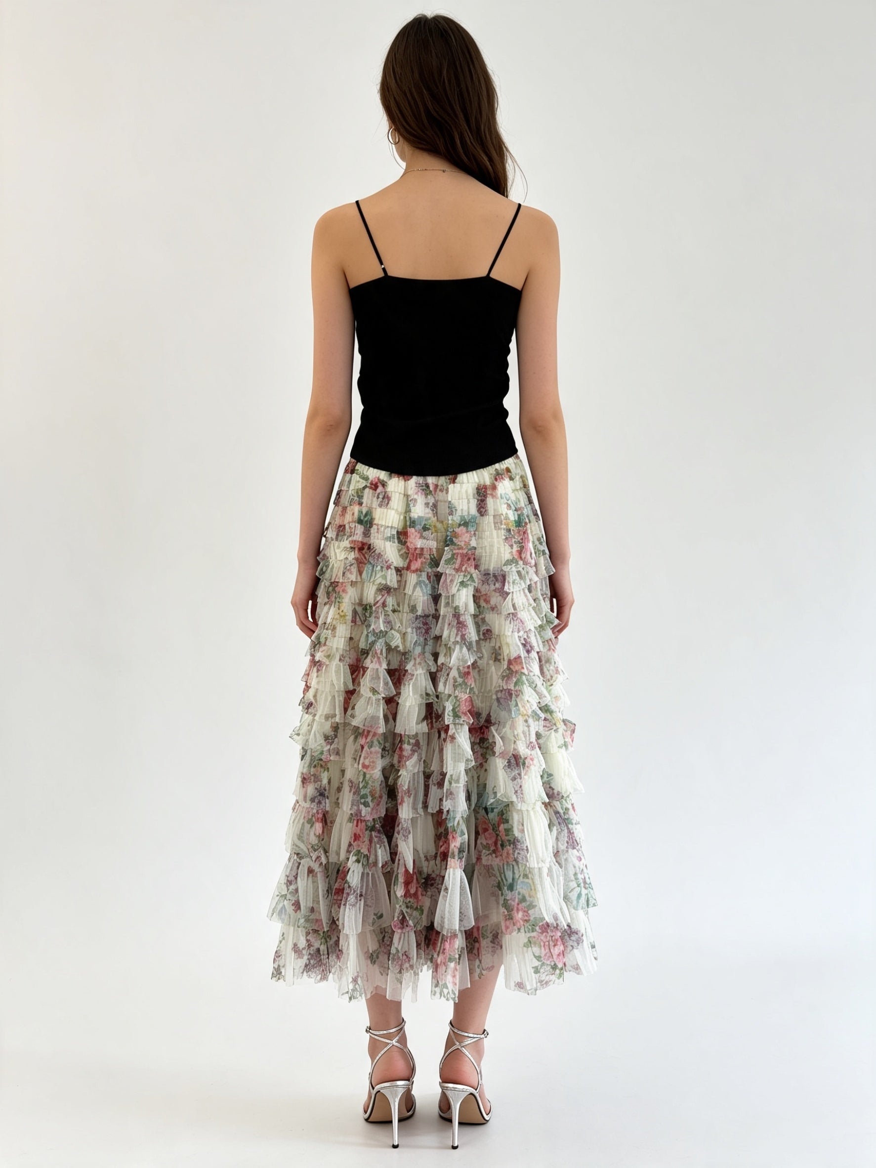 Multi-Colour Layered Tiered Ruffle Tulle Midi Skirt