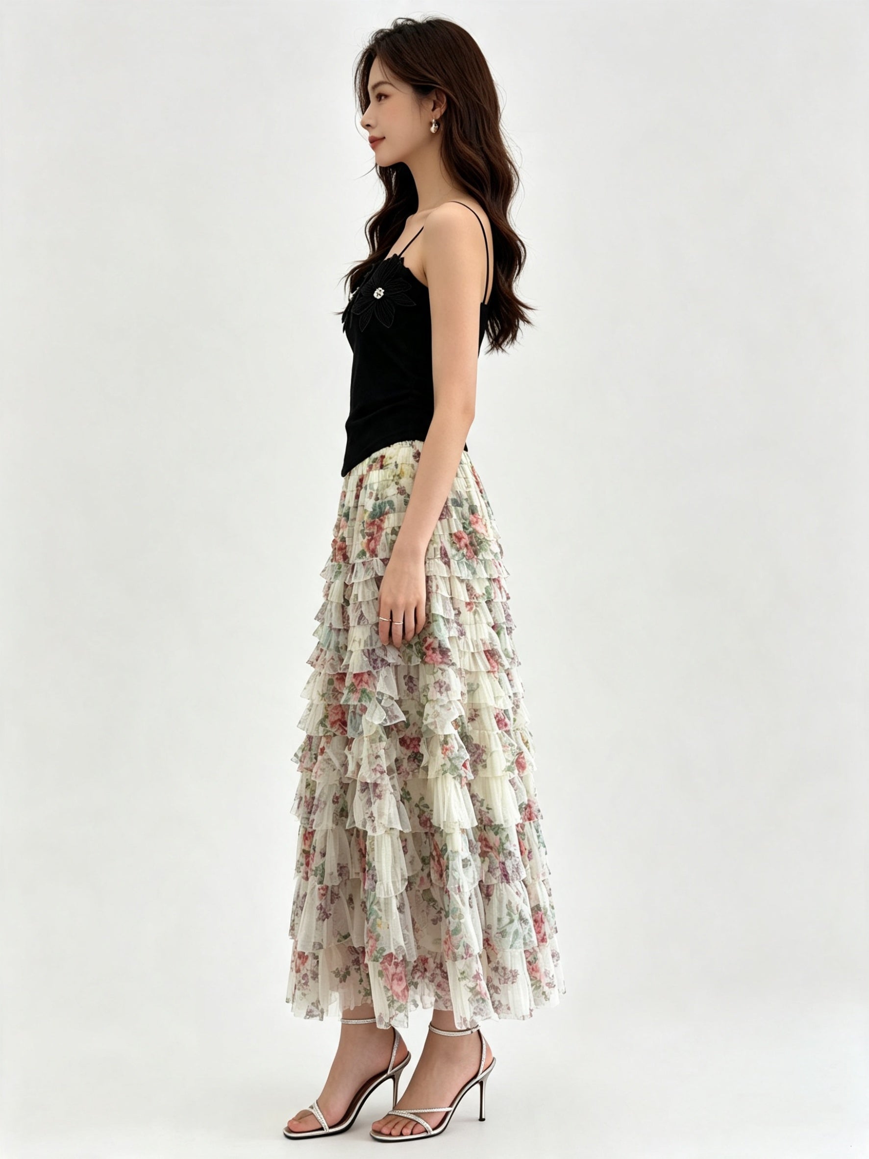 Multi-Colour Layered Tiered Ruffle Tulle Midi Skirt