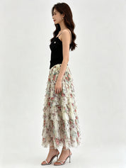 Multi-Colour Layered Tiered Ruffle Tulle Midi Skirt