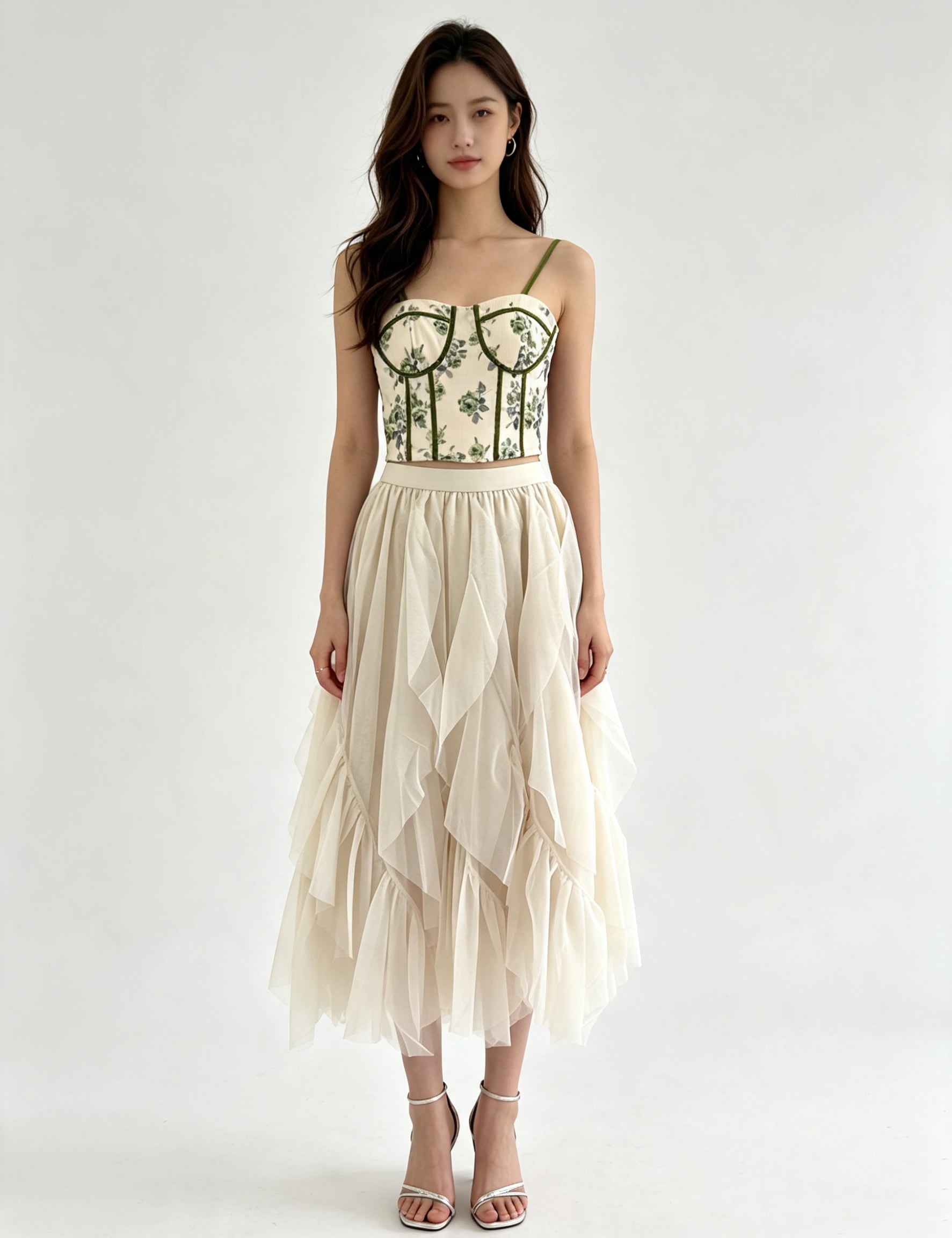 Irregular Ruffle Hem Layered Tulle Midi Skirt with Elasticated Waistband