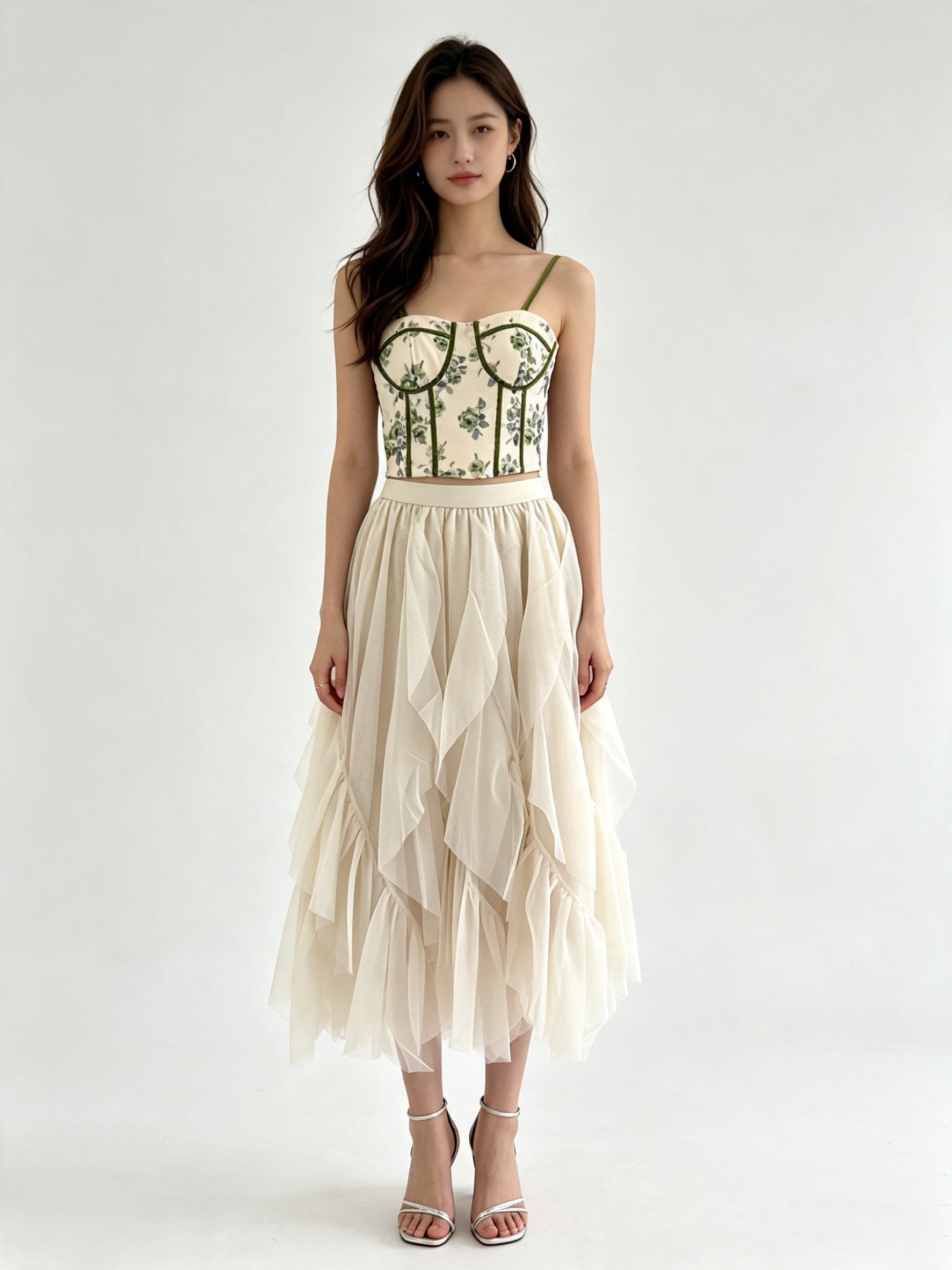 Irregular Ruffle Hem Layered Tulle Midi Skirt with Elasticated Waistband