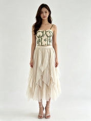 Irregular Ruffle Hem Layered Tulle Midi Skirt with Elasticated Waistband