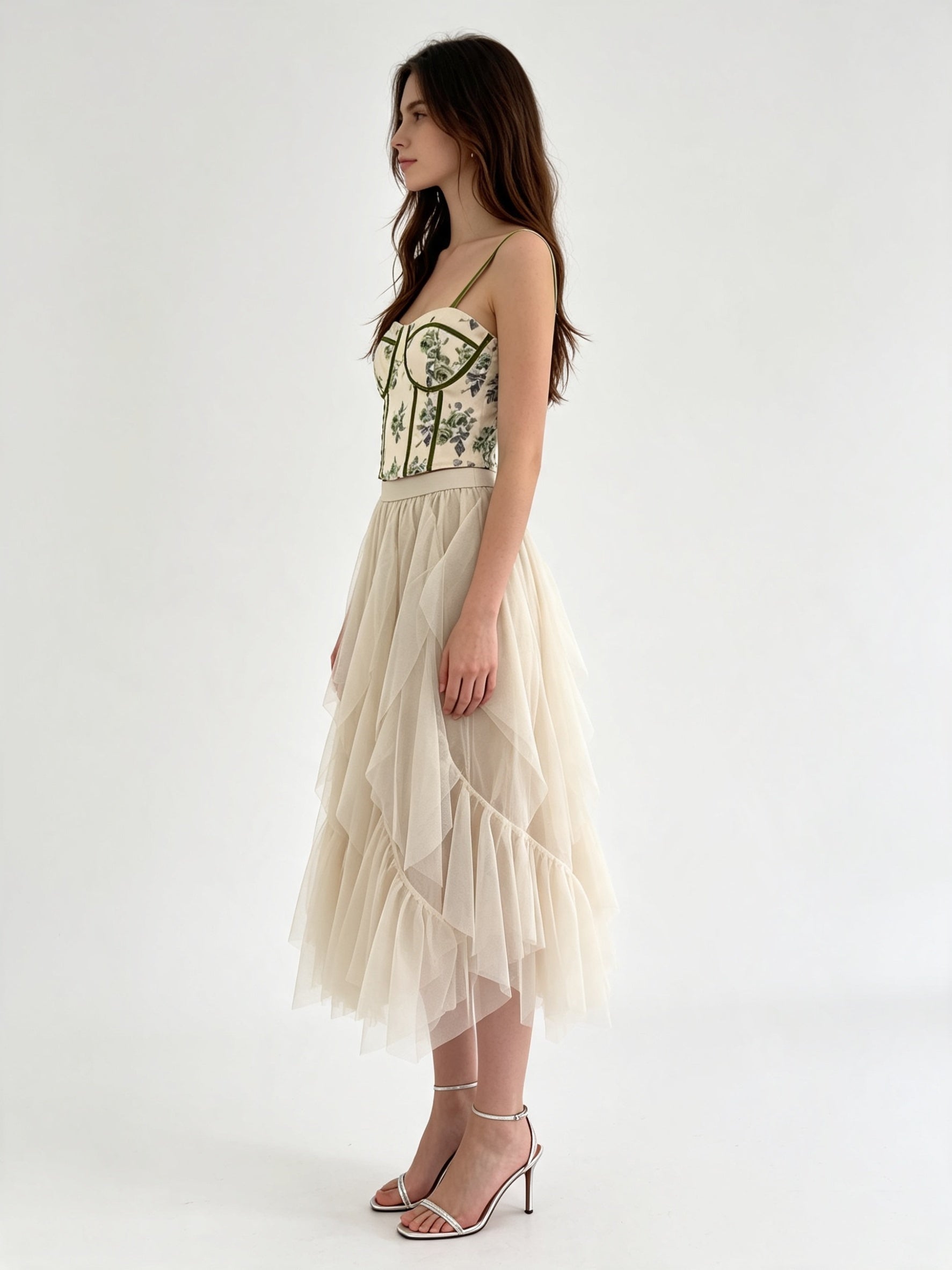 Irregular Ruffle Hem Layered Tulle Midi Skirt with Elasticated Waistband