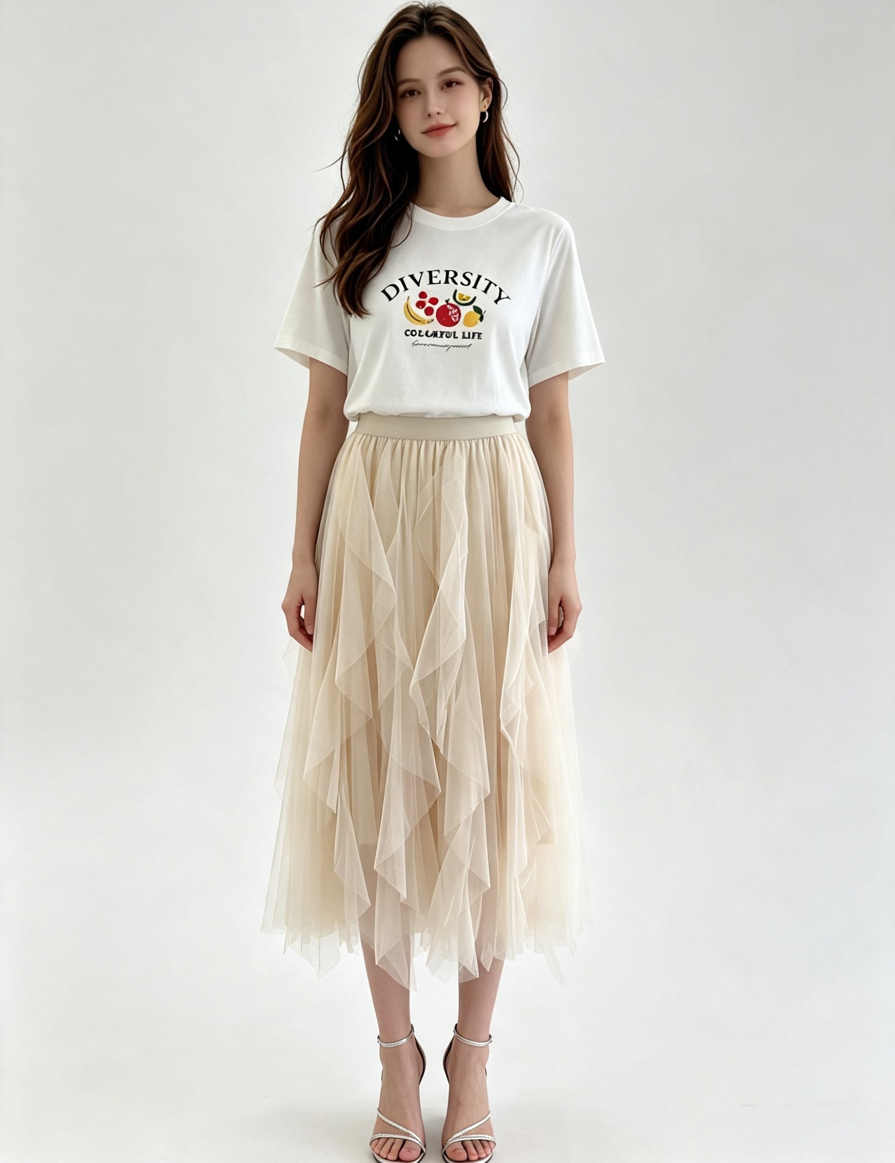 Irregular Ruffle Hem Layered Tulle Midi Skirt with Elasticated Waistband