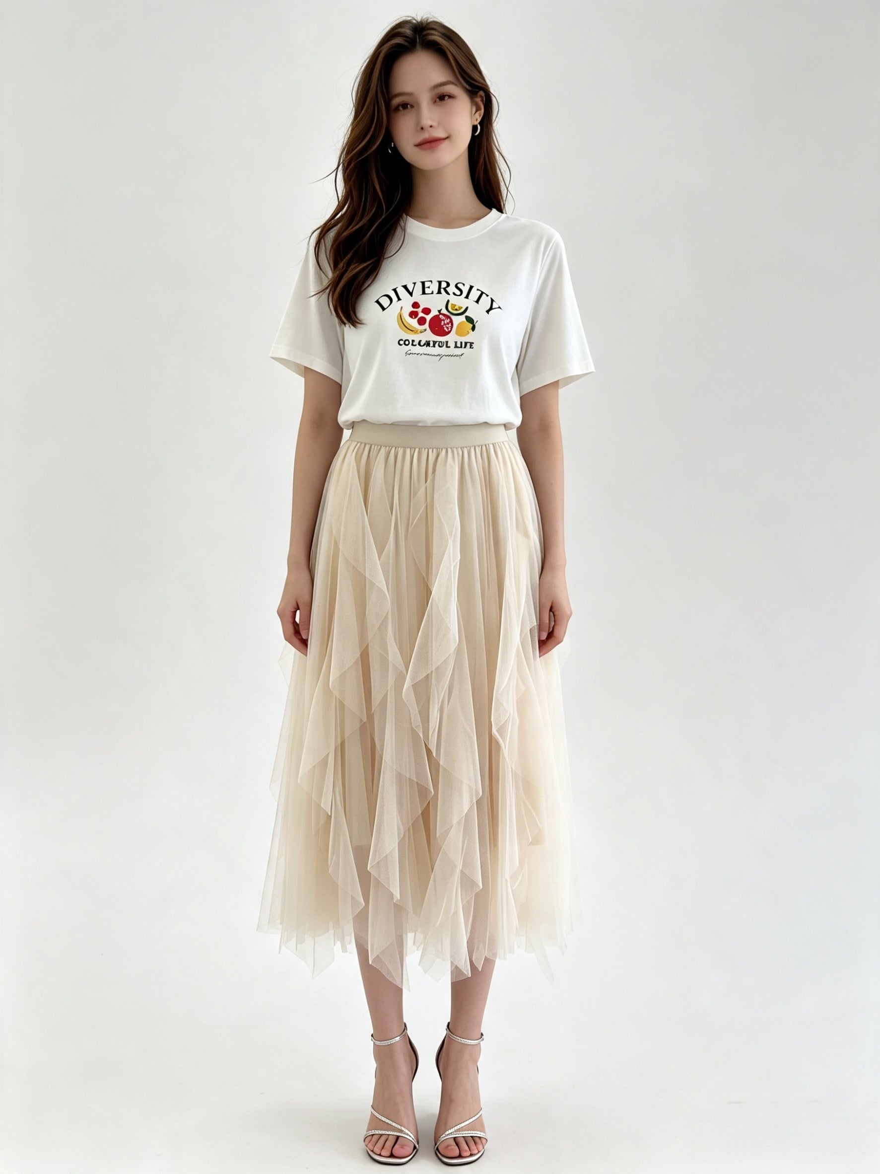 Irregular Ruffle Hem Layered Tulle Midi Skirt with Elasticated Waistband