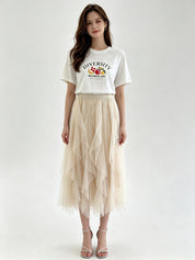 Irregular Ruffle Hem Layered Tulle Midi Skirt with Elasticated Waistband