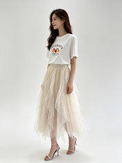 Irregular Ruffle Hem Layered Tulle Midi Skirt with Elasticated Waistband