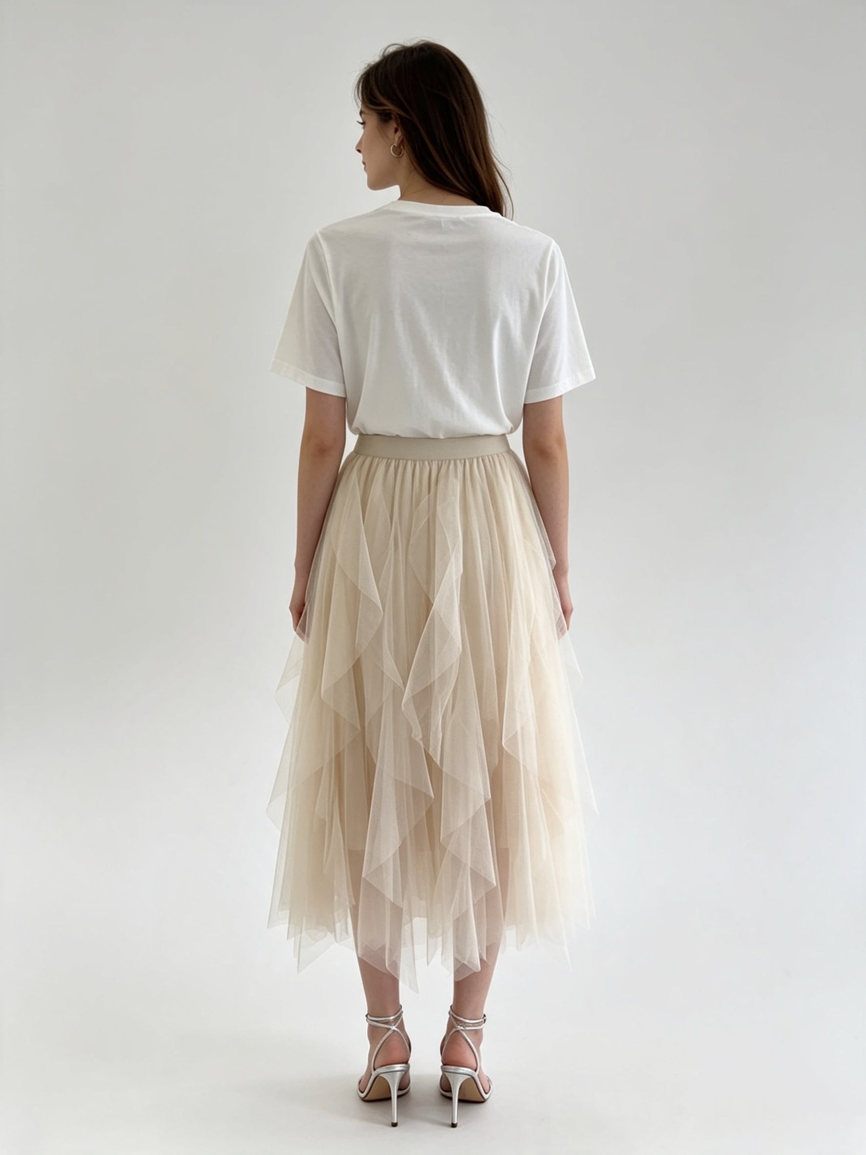 Irregular Ruffle Hem Layered Tulle Midi Skirt with Elasticated Waistband