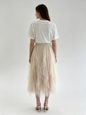 Irregular Ruffle Hem Layered Tulle Midi Skirt with Elasticated Waistband