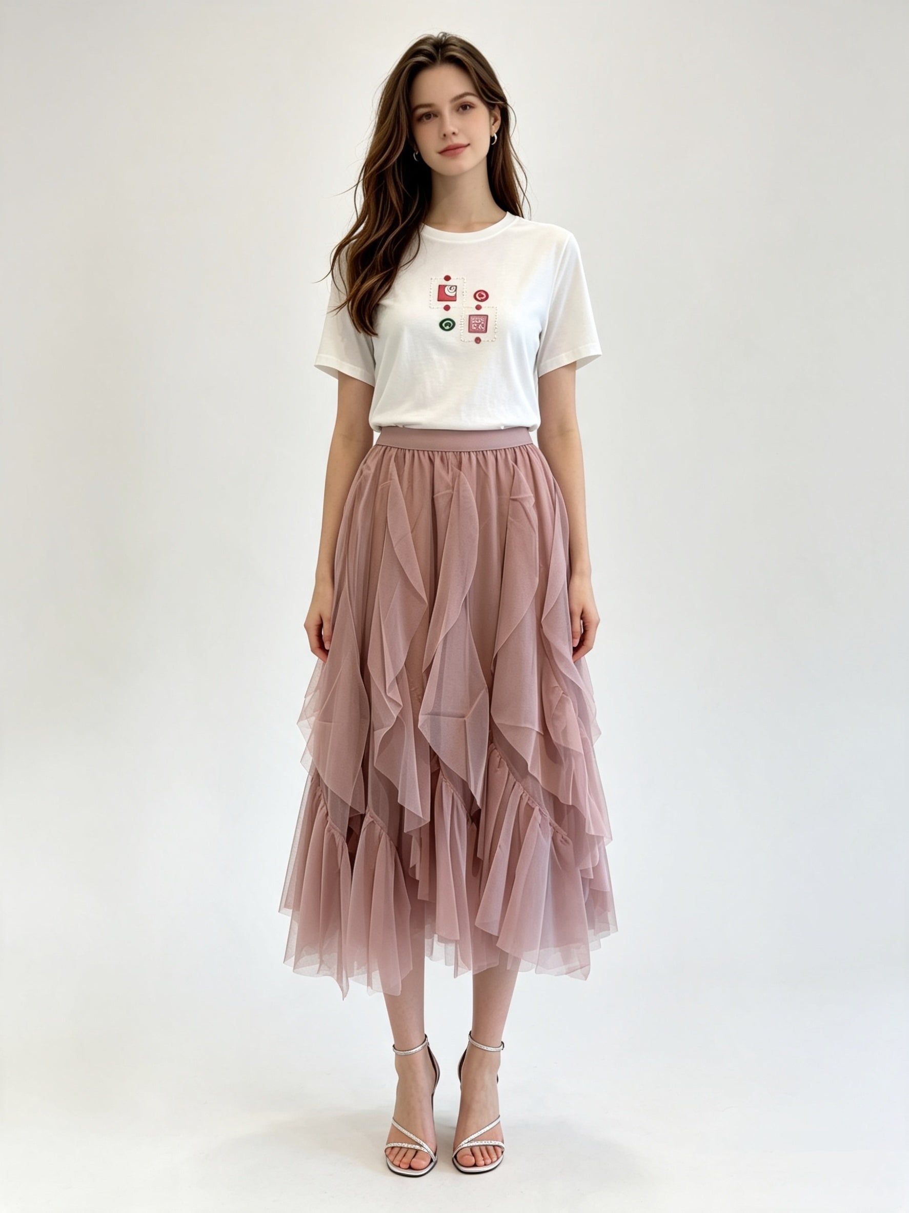 Irregular Ruffle Hem Layered Tulle Midi Skirt with Elasticated Waistband