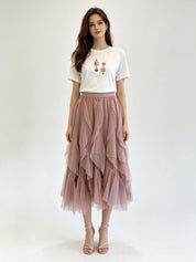 Irregular Ruffle Hem Layered Tulle Midi Skirt with Elasticated Waistband