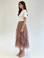 Irregular Ruffle Hem Layered Tulle Midi Skirt with Elasticated Waistband