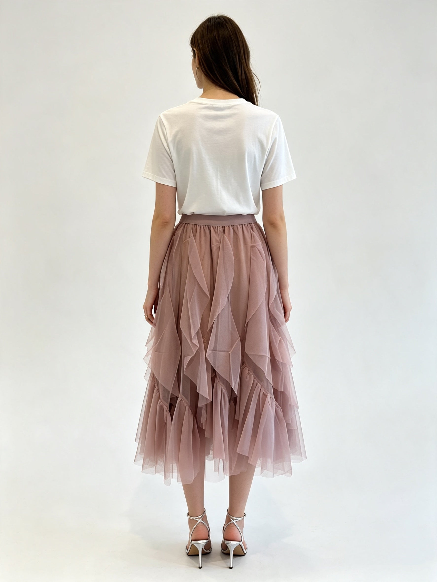 Irregular Ruffle Hem Layered Tulle Midi Skirt with Elasticated Waistband