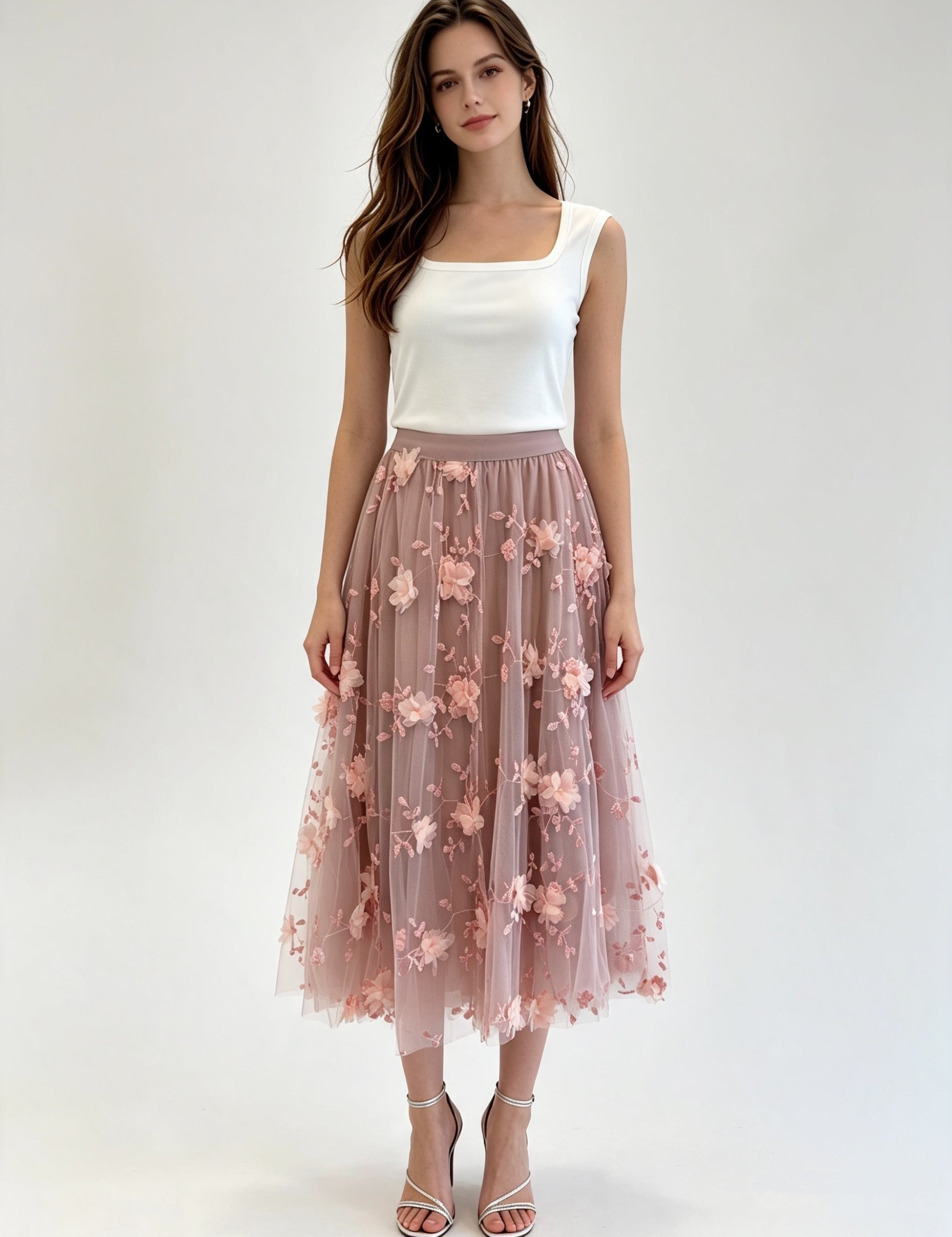 3D Floral Embroidered Tulle Midi Skirt