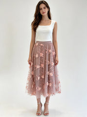 3D Floral Embroidered Tulle Midi Skirt