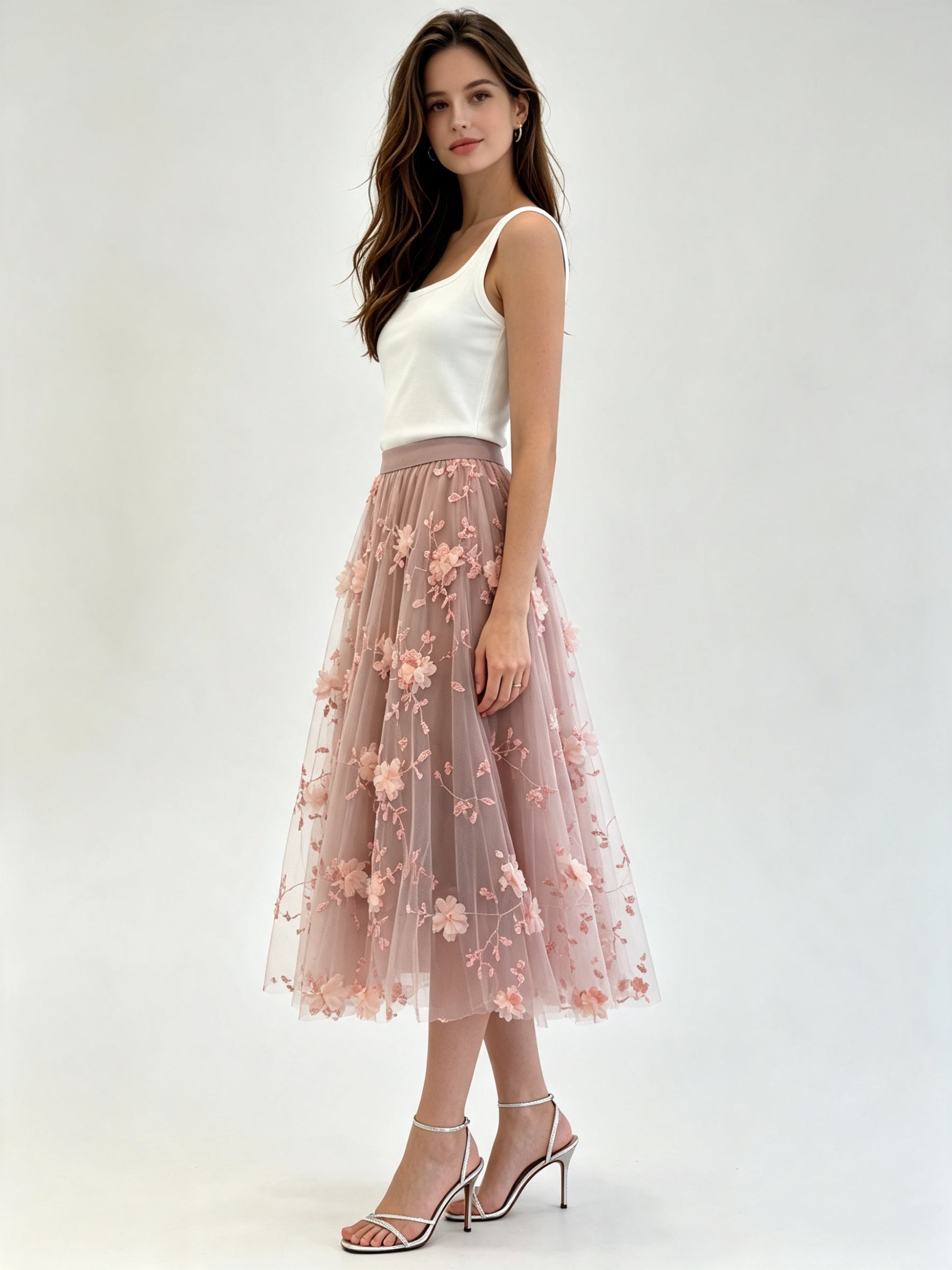 3D Floral Embroidered Tulle Midi Skirt