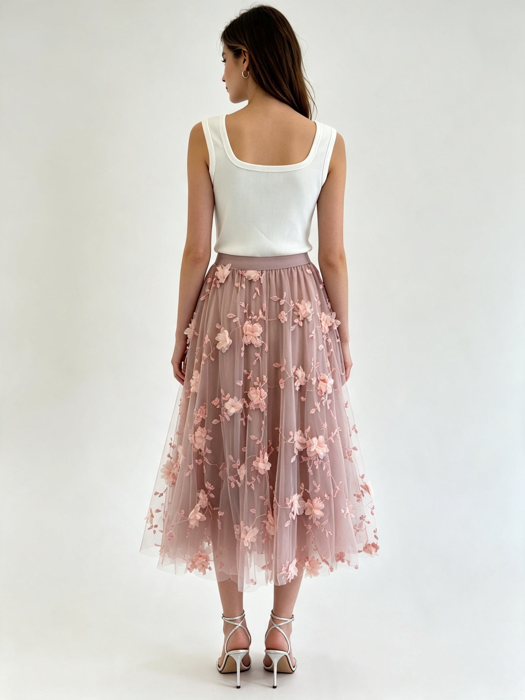 3D Floral Embroidered Tulle Midi Skirt
