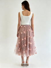 3D Floral Embroidered Tulle Midi Skirt